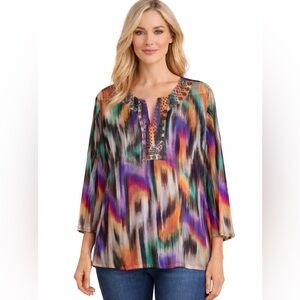 Chico’s Size 3 Multi Color Sheer Artsy Blouse 3/4 Sleeve Chico's Size XL